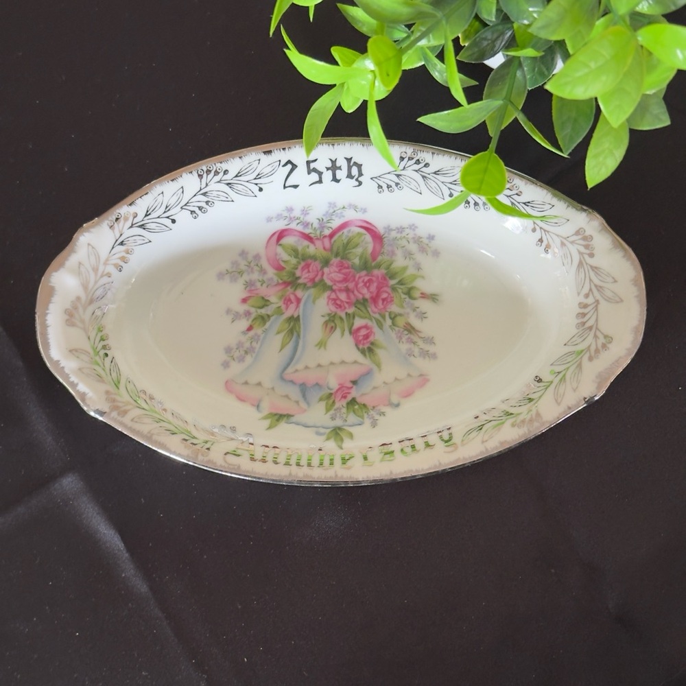 💜 Vintage celebration 25th Anniversary Silver Border Candy/Nut Dish Fine China
